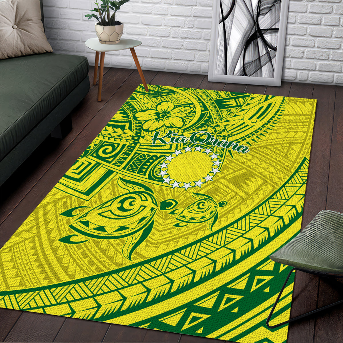 Kia Orana Cook Islands Area Rug Turtle Yellow Green Polynesian Pattern LT01 Green - Polynesian Pride