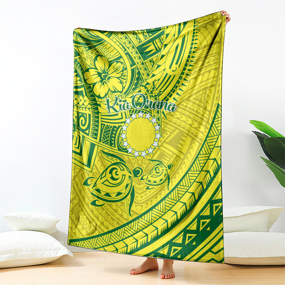 Kia Orana Cook Islands Blanket Turtle Yellow Green Polynesian Pattern LT01 Green - Polynesian Pride