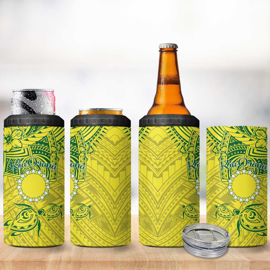 Kia Orana Cook Islands 4 in 1 Can Cooler Tumbler Turtle Yellow Green Polynesian Pattern