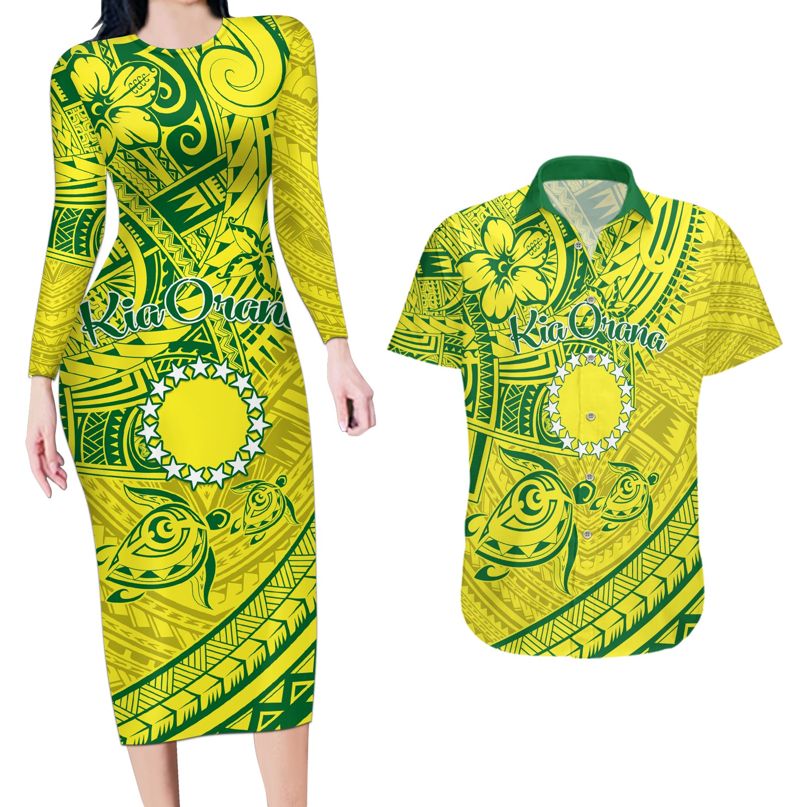 Kia Orana Cook Islands Couples Matching Long Sleeve Bodycon Dress and Hawaiian Shirt Turtle Yellow Green Polynesian Pattern LT01 Green - Polynesian Pride