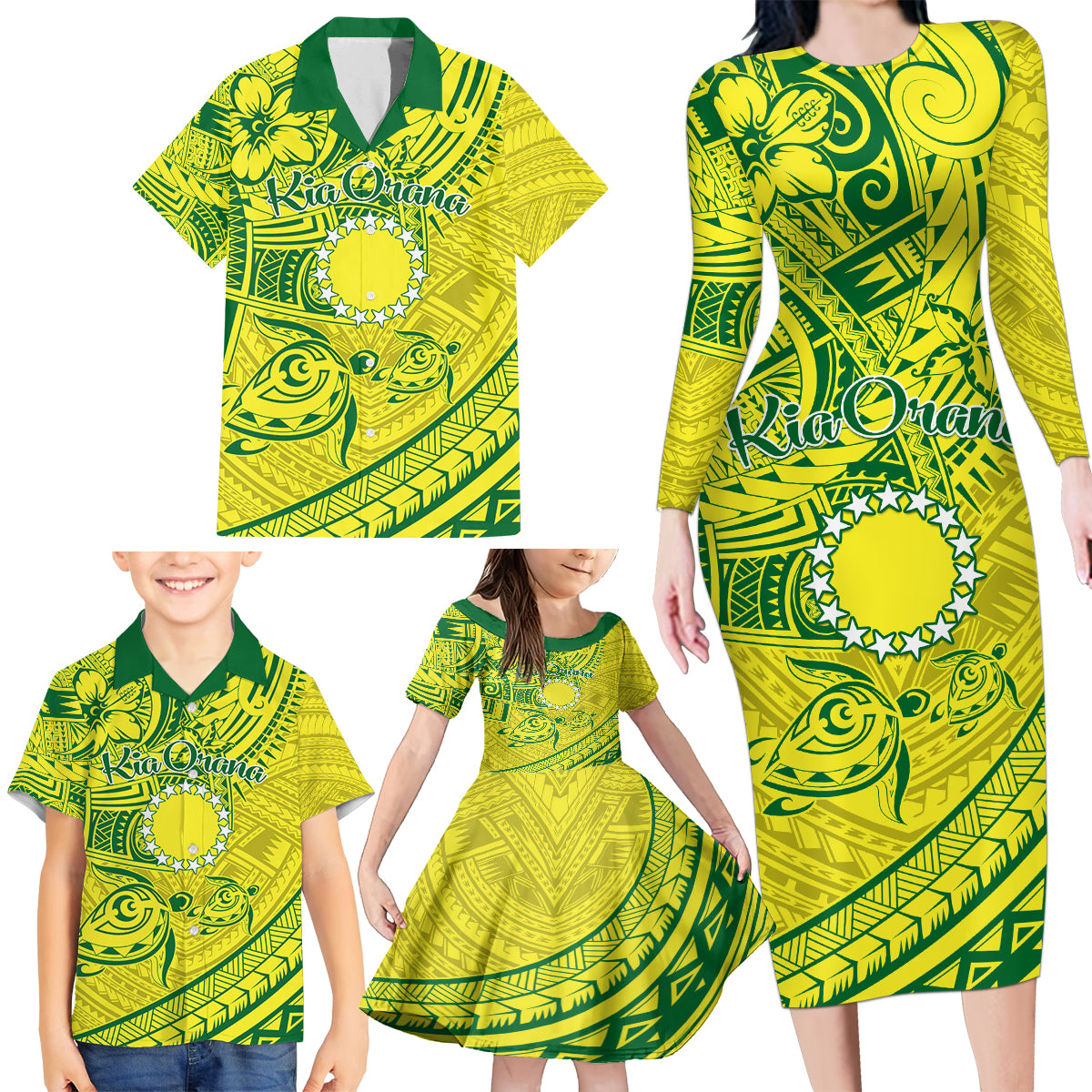 Kia Orana Cook Islands Family Matching Long Sleeve Bodycon Dress and Hawaiian Shirt Turtle Yellow Green Polynesian Pattern LT01 - Polynesian Pride