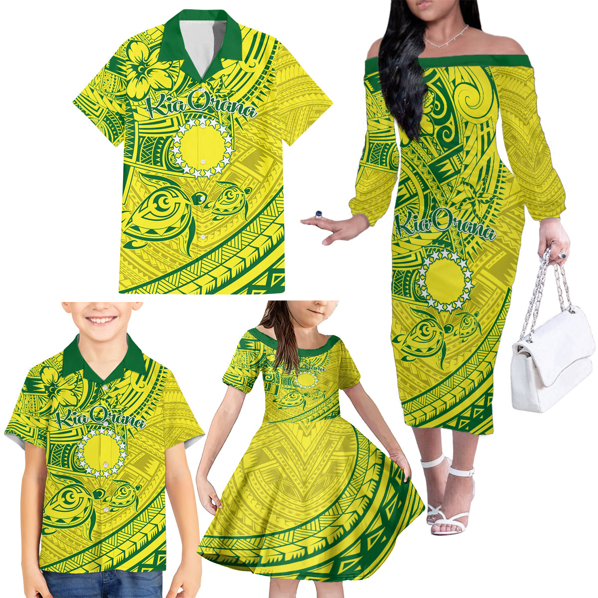 Kia Orana Cook Islands Family Matching Off Shoulder Long Sleeve Dress and Hawaiian Shirt Turtle Yellow Green Polynesian Pattern LT01 - Polynesian Pride