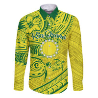 Kia Orana Cook Islands Family Matching Off Shoulder Long Sleeve Dress and Hawaiian Shirt Turtle Yellow Green Polynesian Pattern LT01 Dad's Shirt - Long Sleeve Green - Polynesian Pride