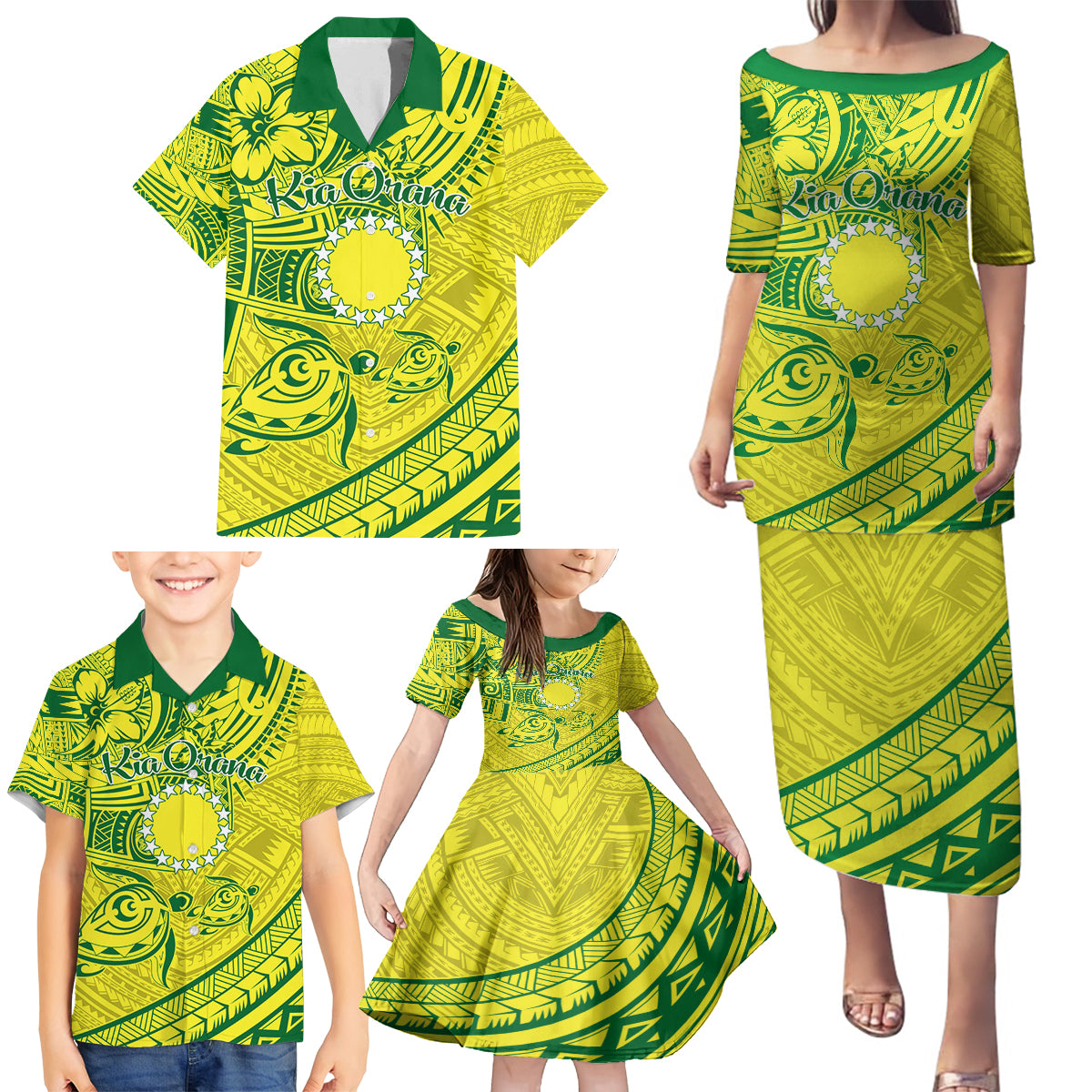 Kia Orana Cook Islands Family Matching Puletasi Dress and Hawaiian Shirt Turtle Yellow Green Polynesian Pattern LT01 - Polynesian Pride