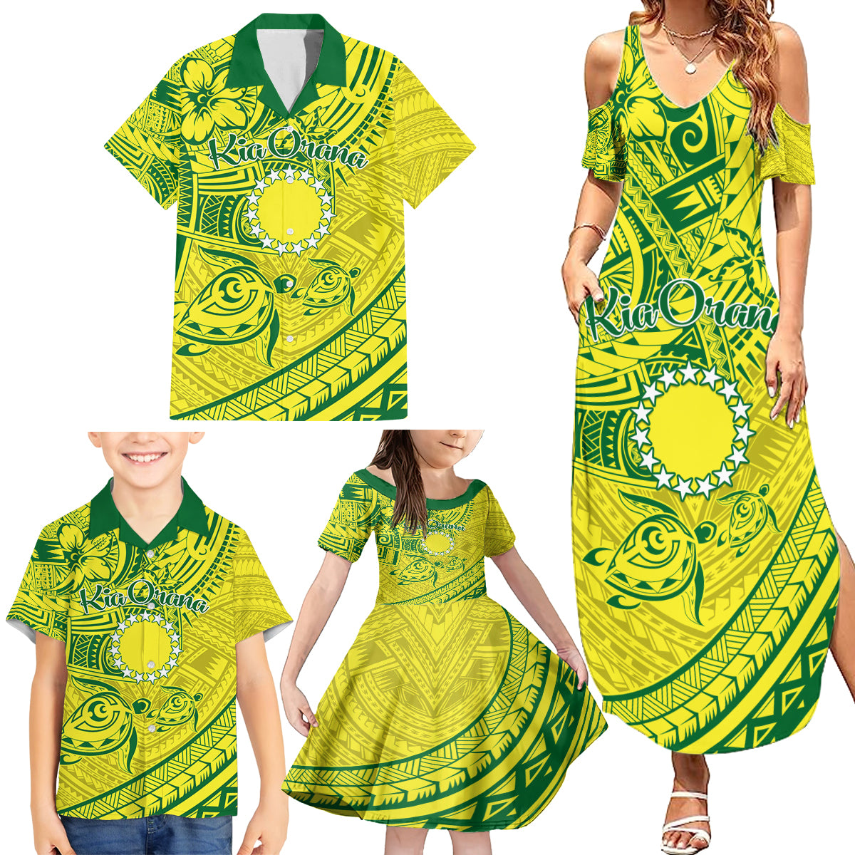 Kia Orana Cook Islands Family Matching Summer Maxi Dress and Hawaiian Shirt Turtle Yellow Green Polynesian Pattern LT01 - Polynesian Pride