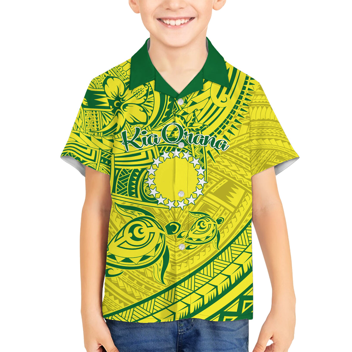 Kia Orana Cook Islands Family Matching Tank Maxi Dress and Hawaiian Shirt Turtle Yellow Green Polynesian Pattern LT01 Son's Shirt Green - Polynesian Pride