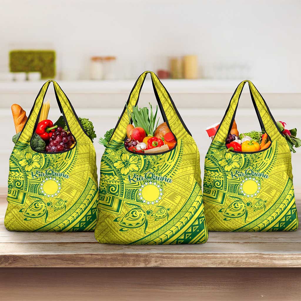 Kia Orana Cook Islands Grocery Bag Turtle Yellow Green Polynesian Pattern LT01 3-pack One Size Green - Polynesian Pride