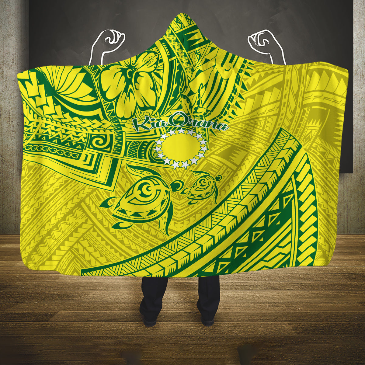 Kia Orana Cook Islands Hooded Blanket Turtle Yellow Green Polynesian Pattern LT01 One Size Green - Polynesian Pride