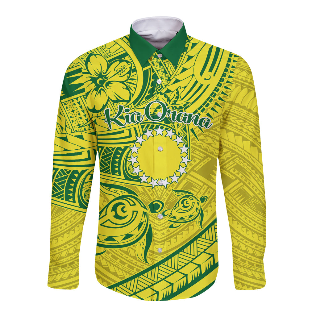 Kia Orana Cook Islands Long Sleeve Button Shirt Turtle Yellow Green Polynesian Pattern LT01 Unisex Green - Polynesian Pride