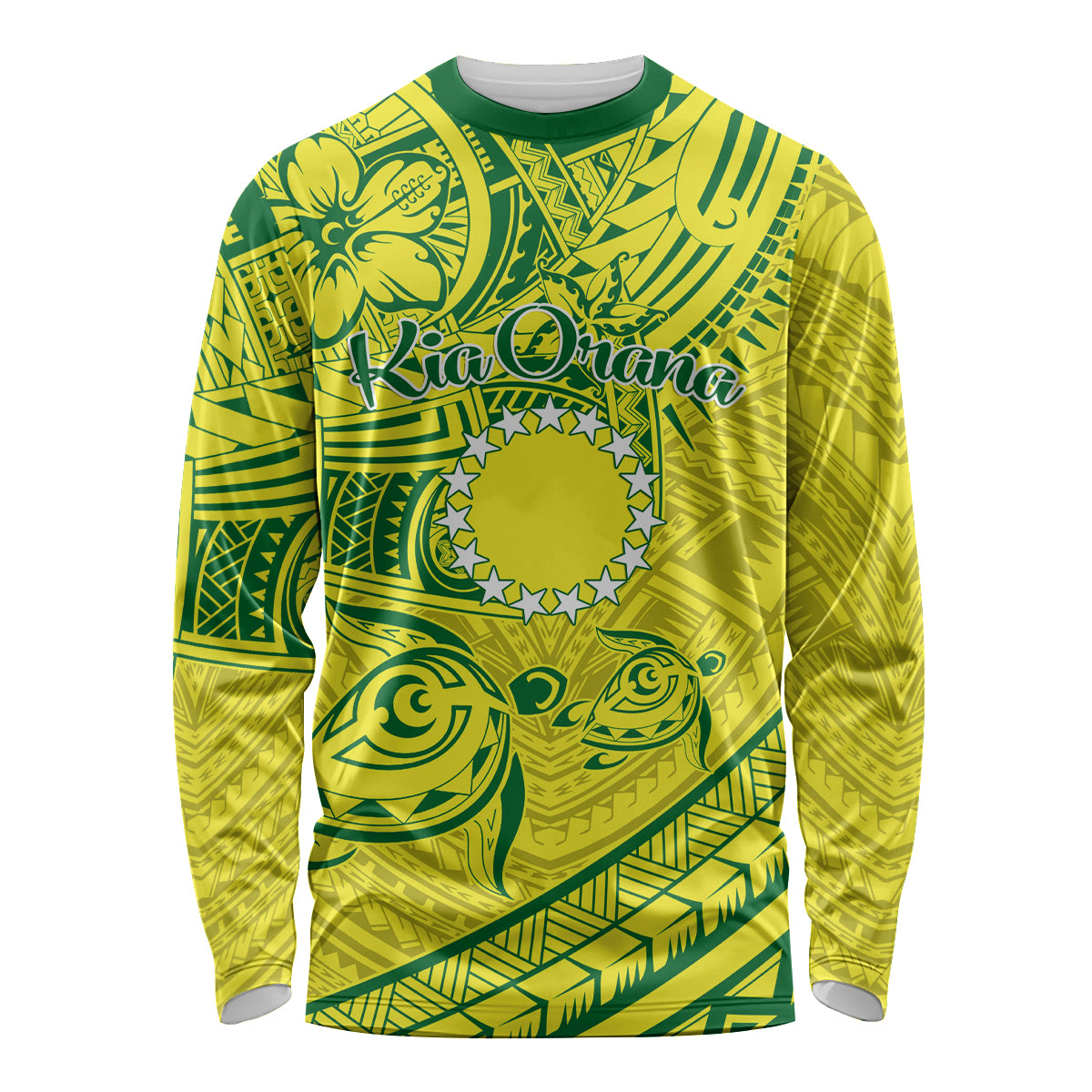 Kia Orana Cook Islands Long Sleeve Shirt Turtle Yellow Green Polynesian Pattern LT01 Unisex Green - Polynesian Pride