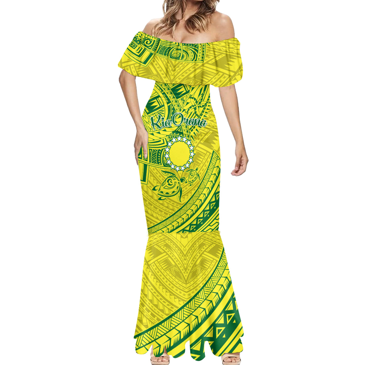 Kia Orana Cook Islands Mermaid Dress Turtle Yellow Green Polynesian Pattern LT01 - Polynesian Pride