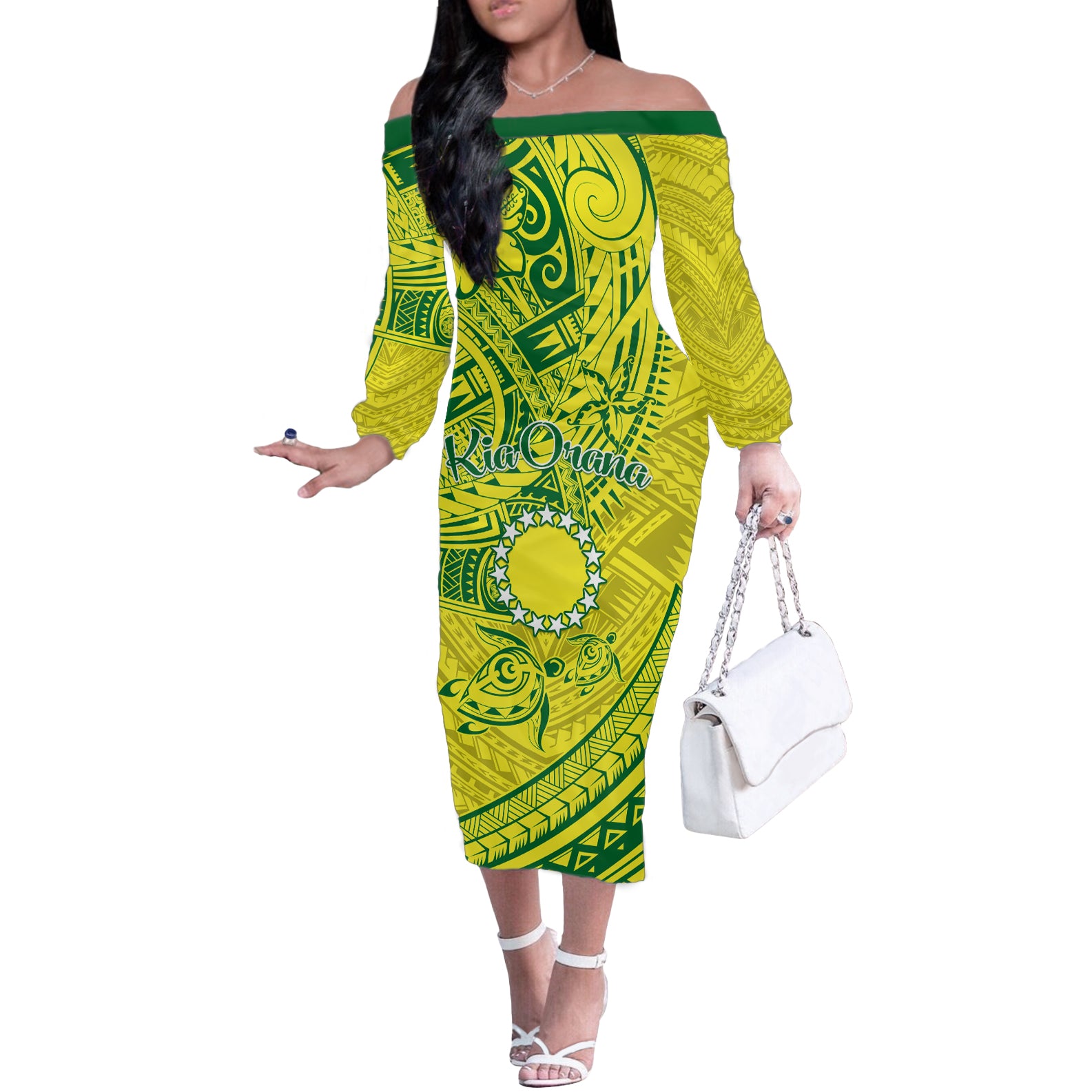 Kia Orana Cook Islands Off The Shoulder Long Sleeve Dress Turtle Yellow Green Polynesian Pattern LT01 Women Green - Polynesian Pride