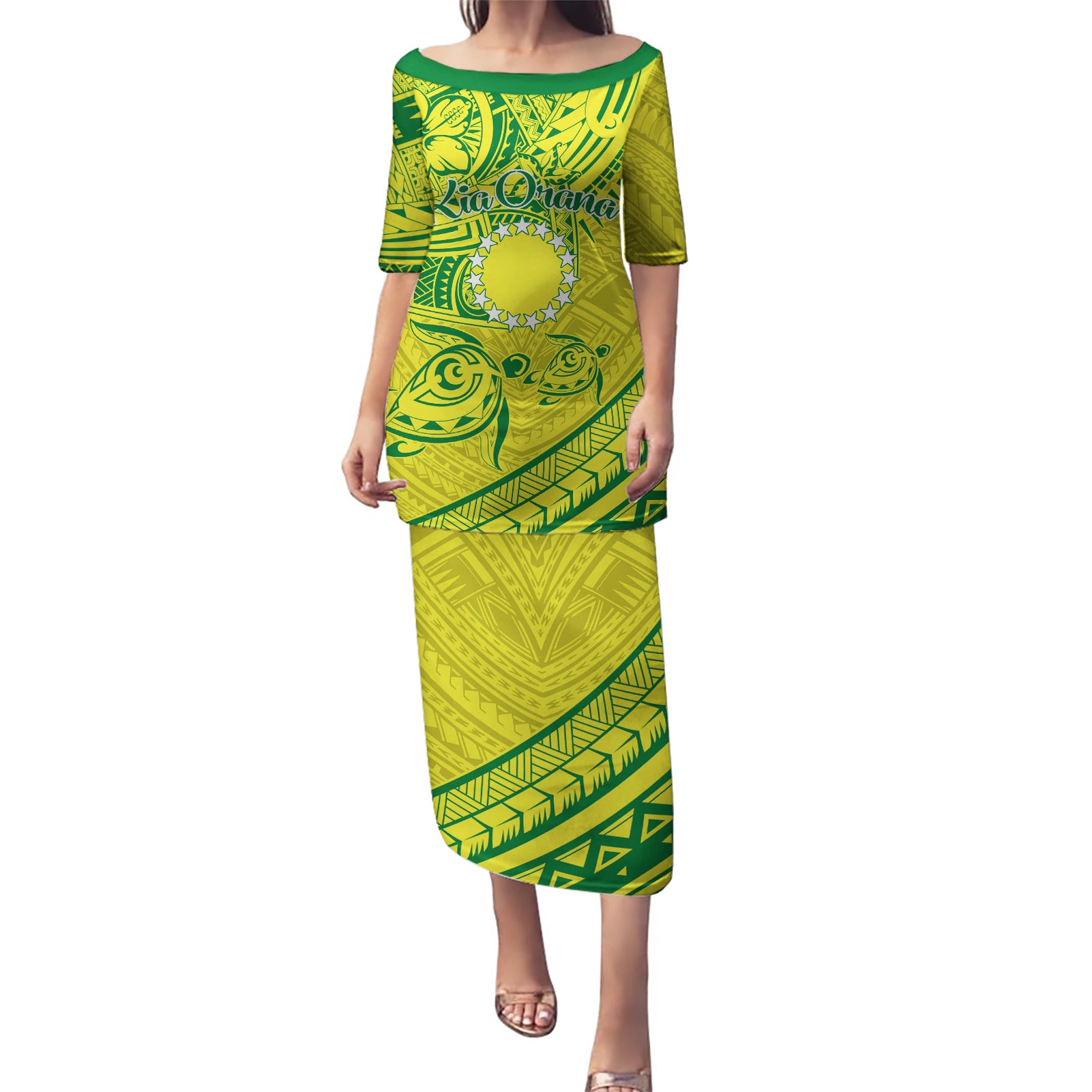 Kia Orana Cook Islands Puletasi Turtle Yellow Green Polynesian Pattern LT01 Long Dress Green - Polynesian Pride