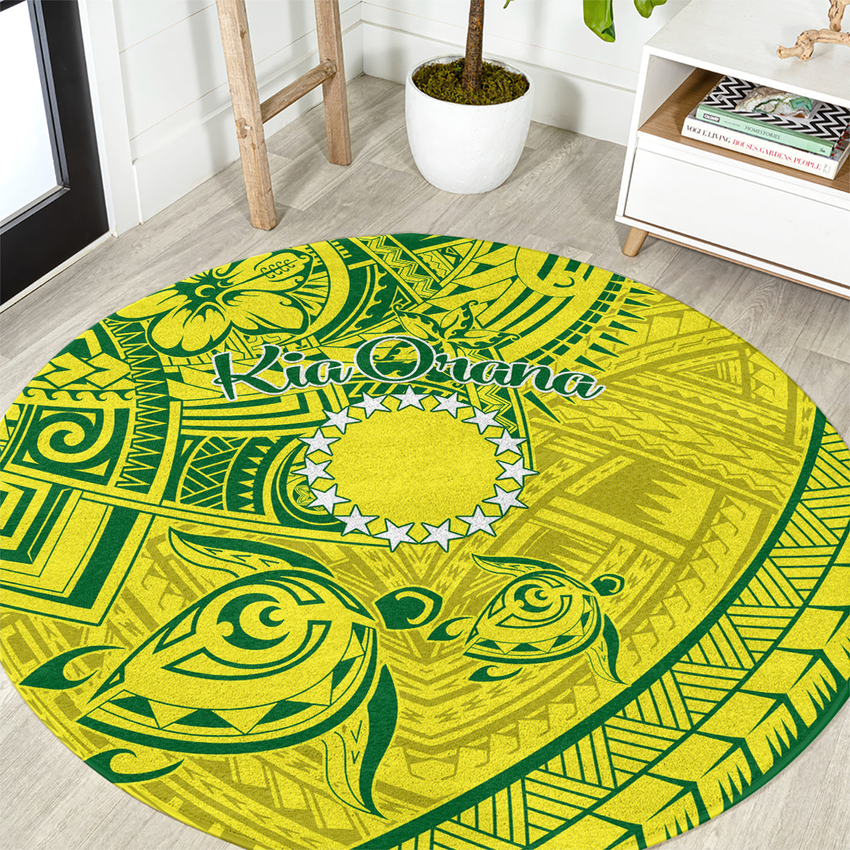 Kia Orana Cook Islands Round Carpet Turtle Yellow Green Polynesian Pattern LT01 Green - Polynesian Pride