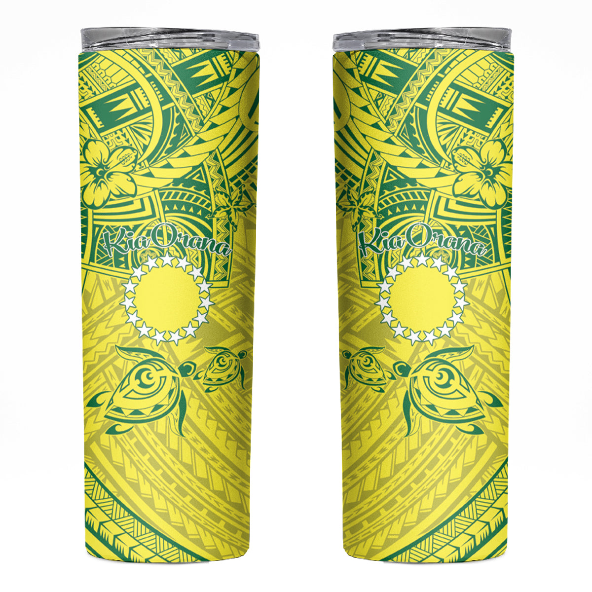 Kia Orana Cook Islands Skinny Tumbler Turtle Yellow Green Polynesian Pattern