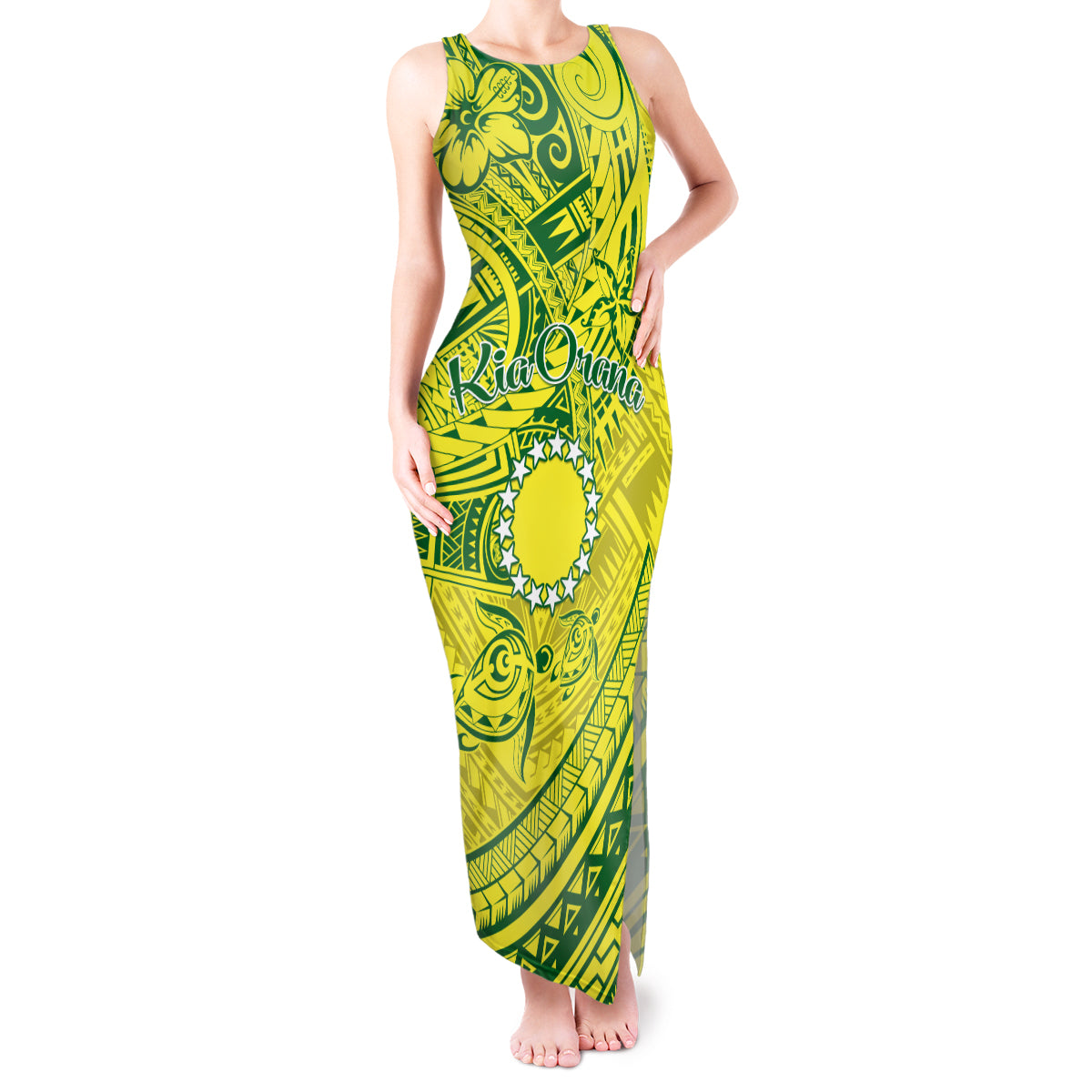 Kia Orana Cook Islands Tank Maxi Dress Turtle Yellow Green Polynesian Pattern LT01 Women Green - Polynesian Pride