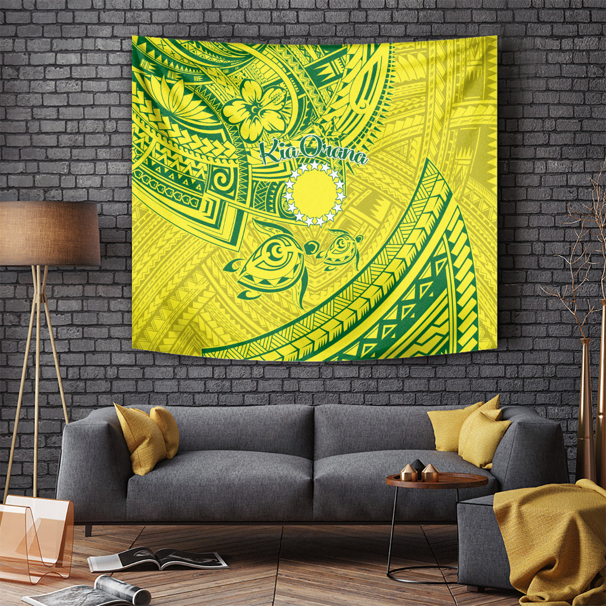 Kia Orana Cook Islands Tapestry Turtle Yellow Green Polynesian Pattern LT01 Green - Polynesian Pride