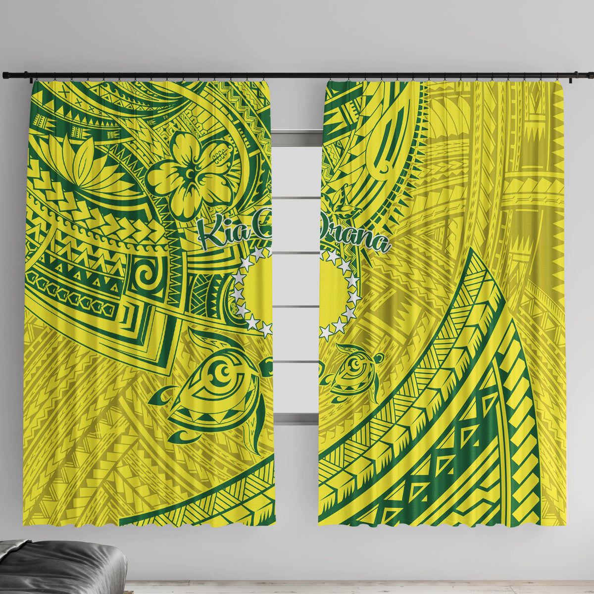 Kia Orana Cook Islands Window Curtain Turtle Yellow Green Polynesian Pattern LT01 With Hooks Green - Polynesian Pride