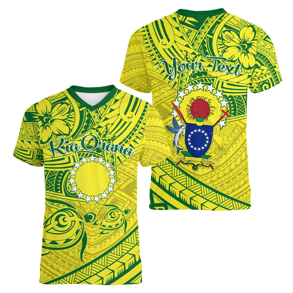 Kia Orana Cook Islands Women V Neck T Shirt Turtle Yellow Green Polynesian Pattern LT01 - Polynesian Pride