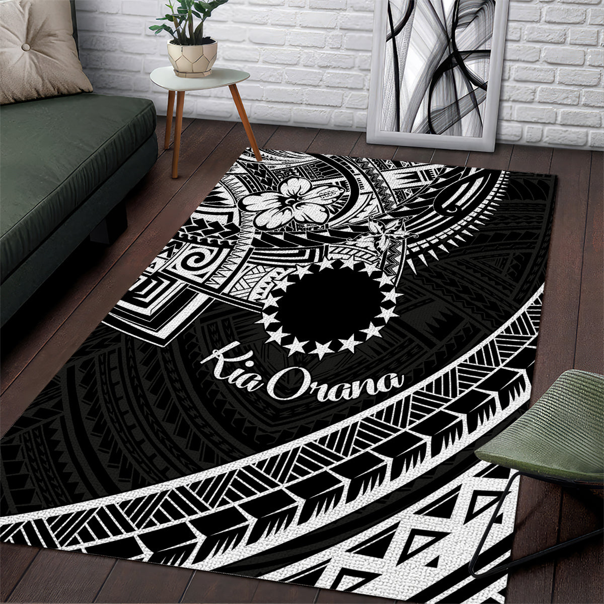 Kia Orana Cook Islands Area Rug Circle Stars With Floral White Pattern LT01 Black - Polynesian Pride