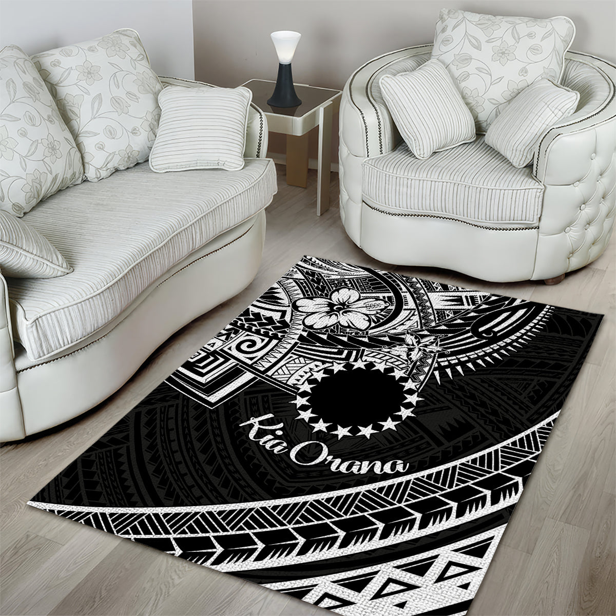 Kia Orana Cook Islands Area Rug Circle Stars With Floral White Pattern LT01 - Polynesian Pride