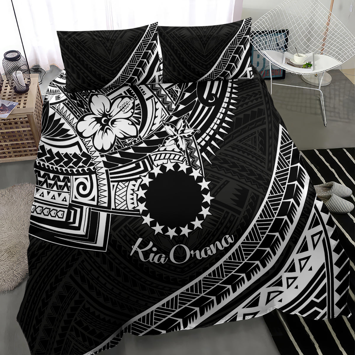Kia Orana Cook Islands Bedding Set Circle Stars With Floral White Pattern LT01 - Polynesian Pride