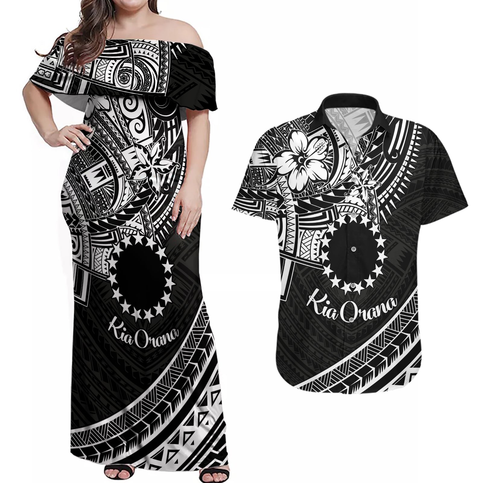 Kia Orana Cook Islands Couples Matching Off Shoulder Maxi Dress and Hawaiian Shirt Circle Stars With Floral White Pattern LT01 Black - Polynesian Pride