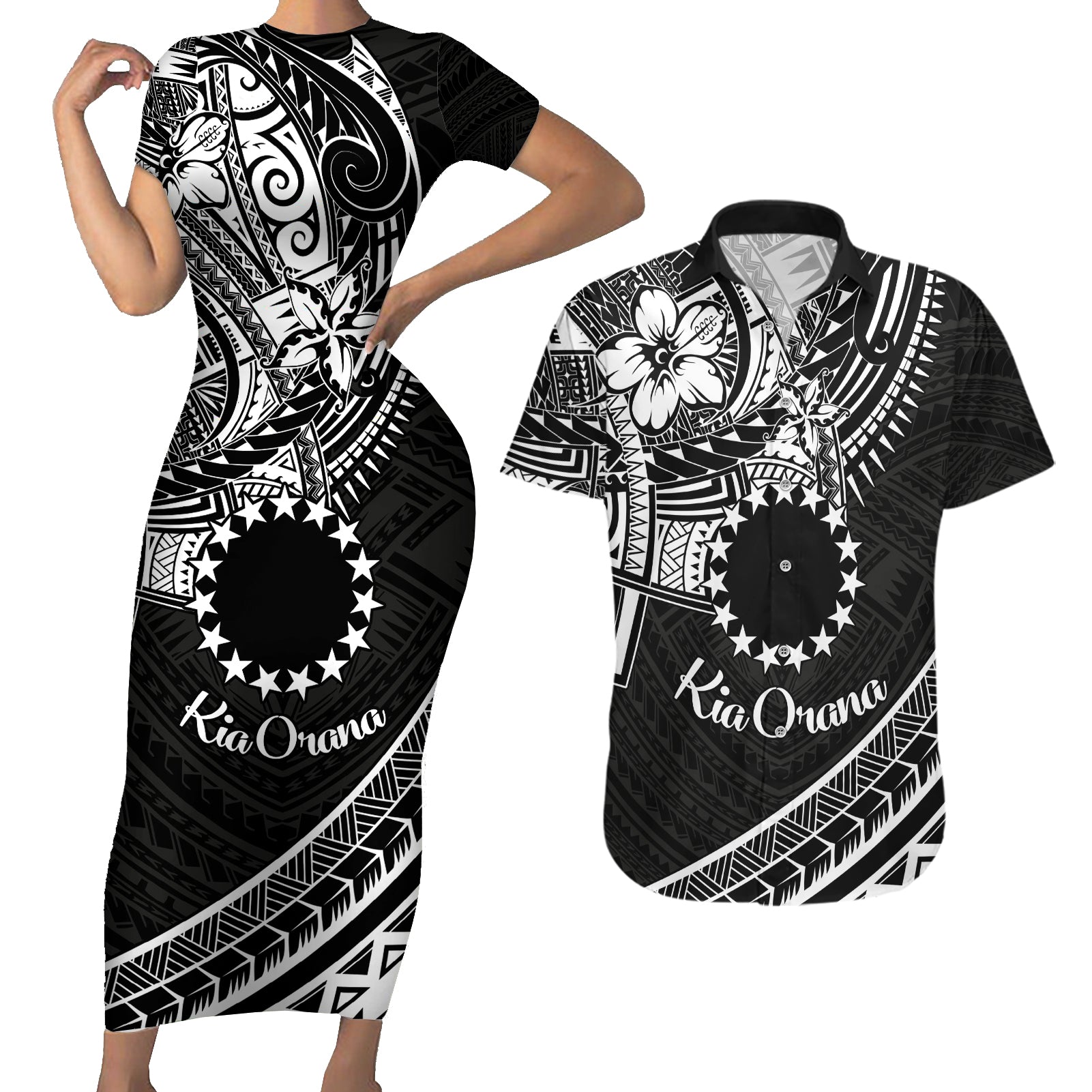 Kia Orana Cook Islands Couples Matching Short Sleeve Bodycon Dress and Hawaiian Shirt Circle Stars With Floral White Pattern LT01 Black - Polynesian Pride