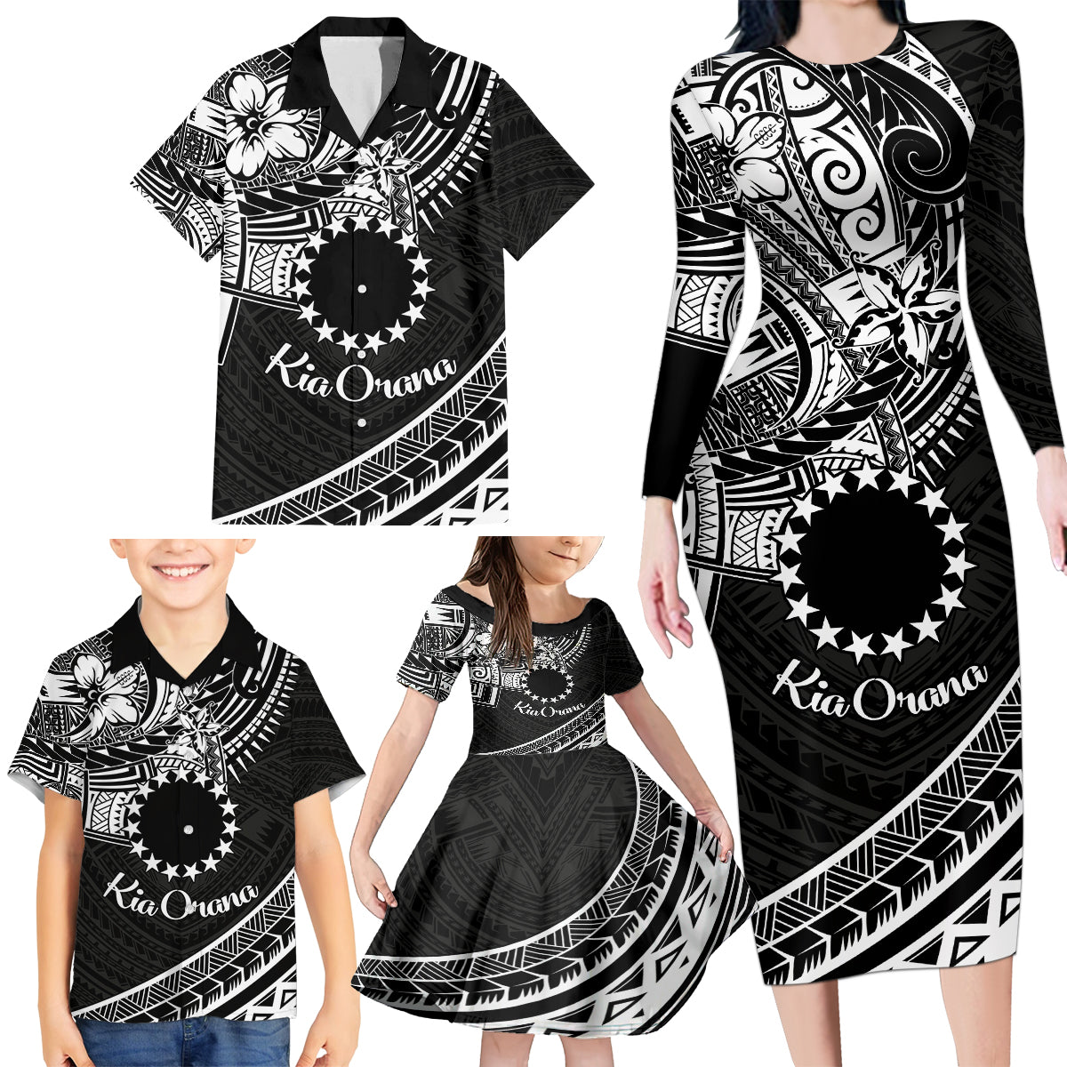 Kia Orana Cook Islands Family Matching Long Sleeve Bodycon Dress and Hawaiian Shirt Circle Stars With Floral White Pattern LT01 - Polynesian Pride