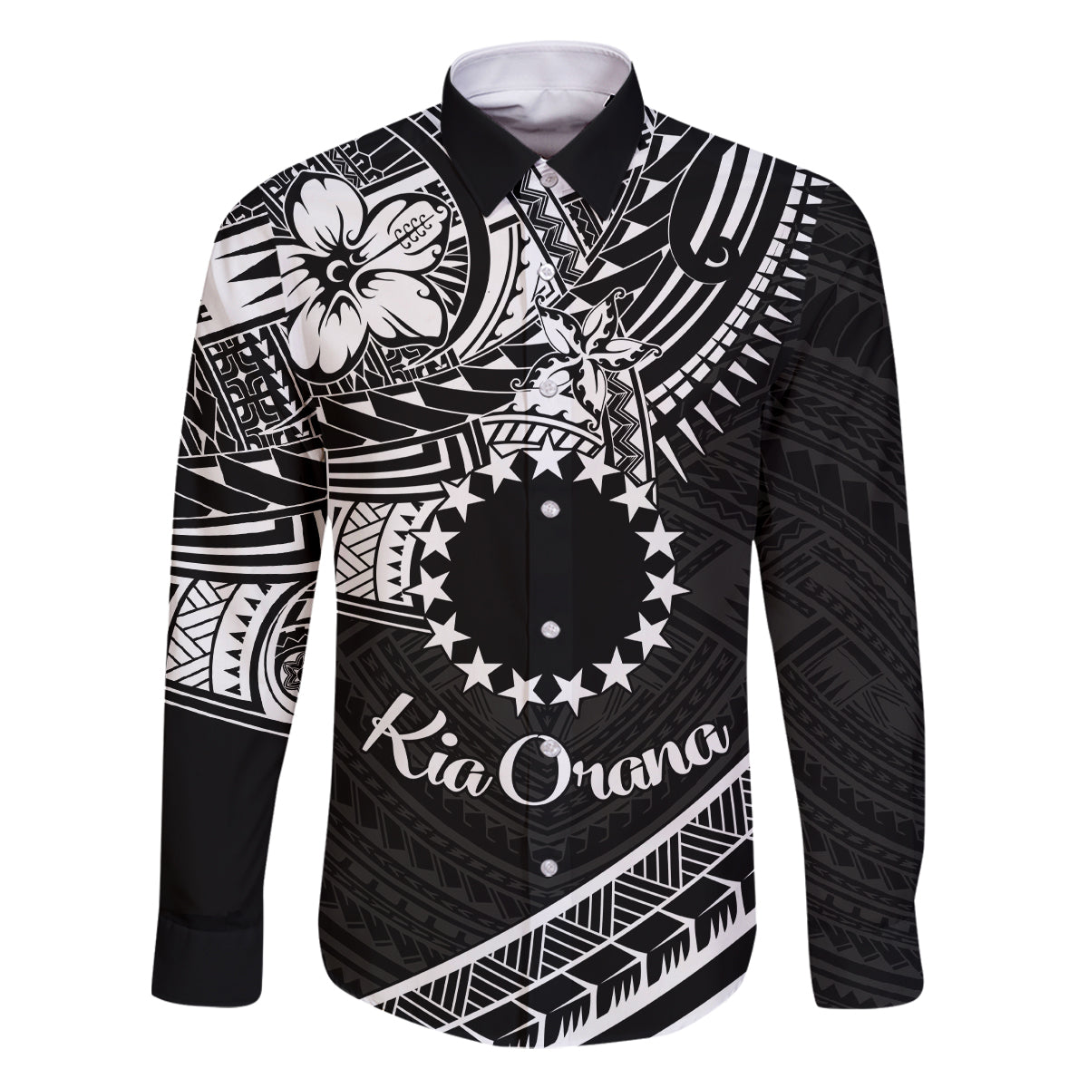 Kia Orana Cook Islands Family Matching Off Shoulder Maxi Dress and Hawaiian Shirt Circle Stars With Floral White Pattern LT01 Dad's Shirt - Long Sleeve Black - Polynesian Pride