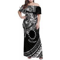 Kia Orana Cook Islands Family Matching Off Shoulder Maxi Dress and Hawaiian Shirt Circle Stars With Floral White Pattern LT01 Mom's Dress Black - Polynesian Pride