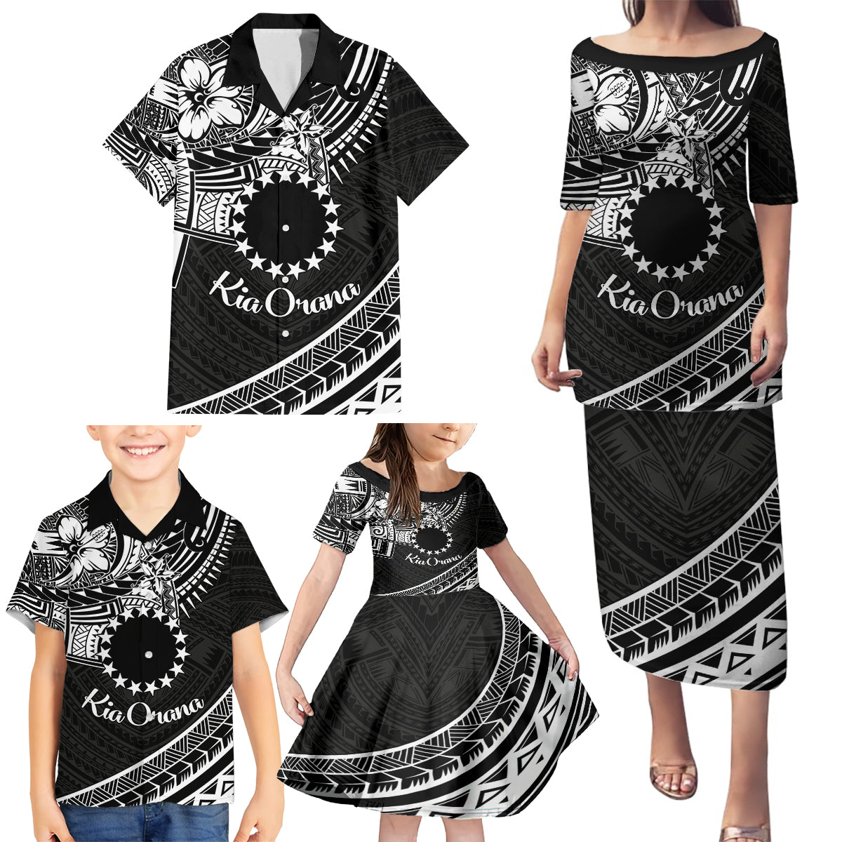 Kia Orana Cook Islands Family Matching Puletasi Dress and Hawaiian Shirt Circle Stars With Floral White Pattern LT01 - Polynesian Pride