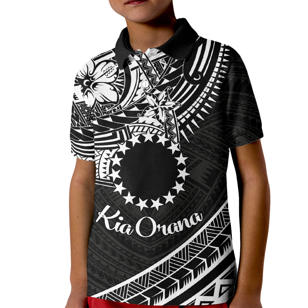 Kia Orana Cook Islands Kid Polo Shirt Circle Stars With Floral White Pattern LT01 Kid Black - Polynesian Pride