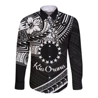 Kia Orana Cook Islands Long Sleeve Button Shirt Circle Stars With Floral White Pattern LT01 Unisex Black - Polynesian Pride