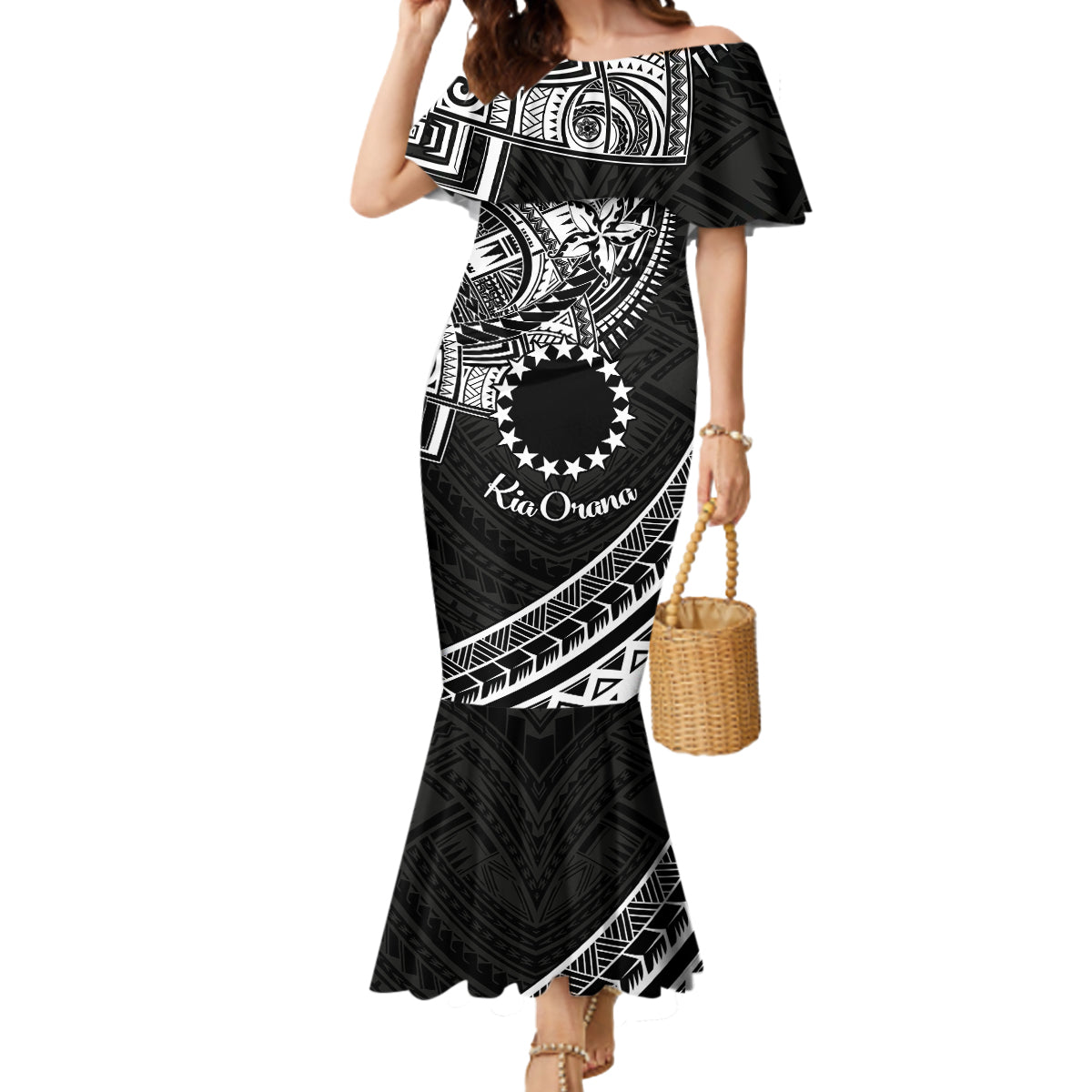 Kia Orana Cook Islands Mermaid Dress Circle Stars With Floral White Pattern LT01 Women Black - Polynesian Pride