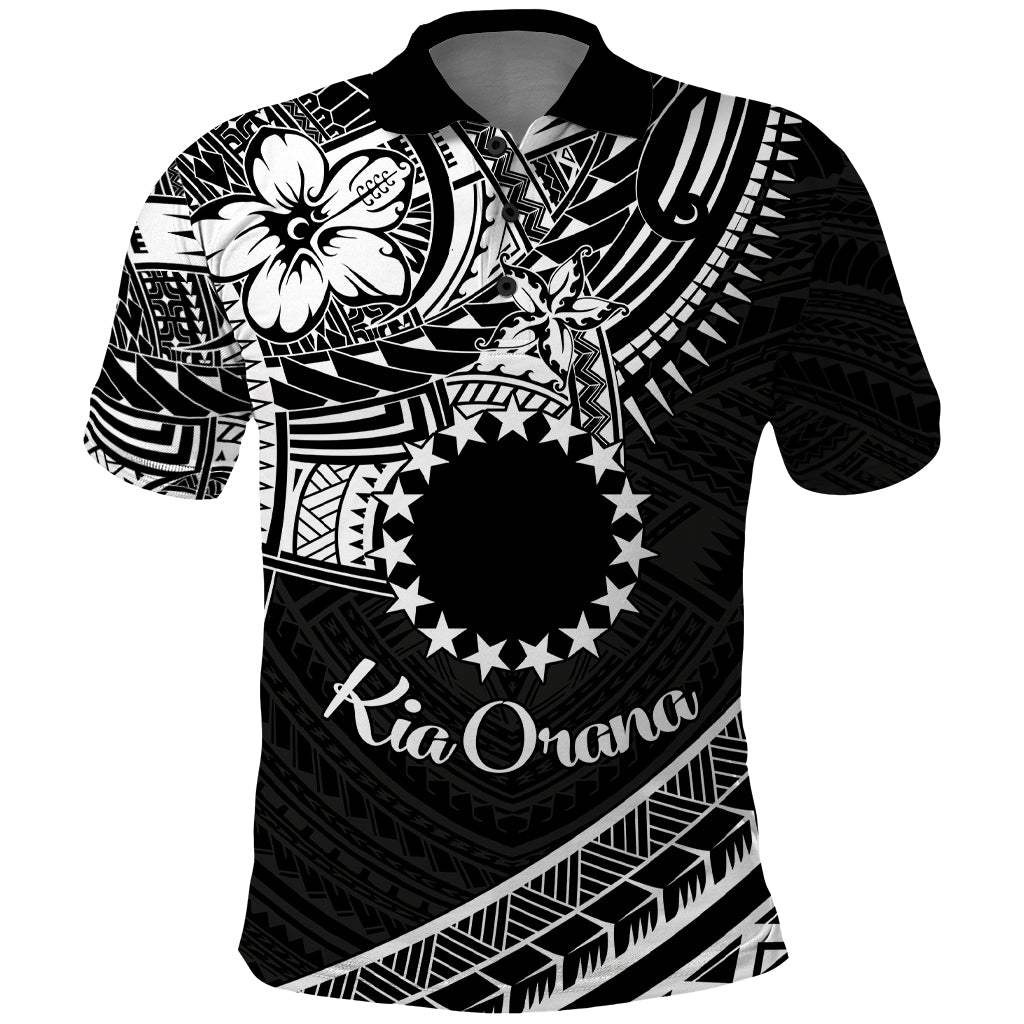 Kia Orana Cook Islands Polo Shirt Circle Stars With Floral White Pattern LT01 Black - Polynesian Pride