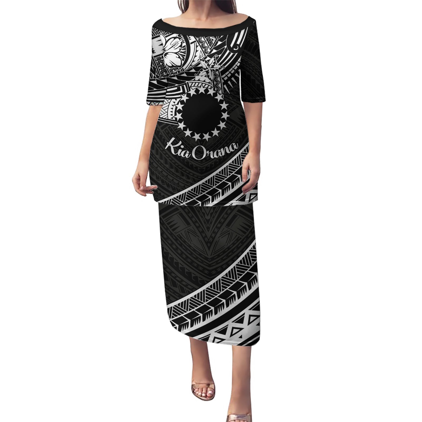 Kia Orana Cook Islands Puletasi Circle Stars With Floral White Pattern LT01 Long Dress Black - Polynesian Pride