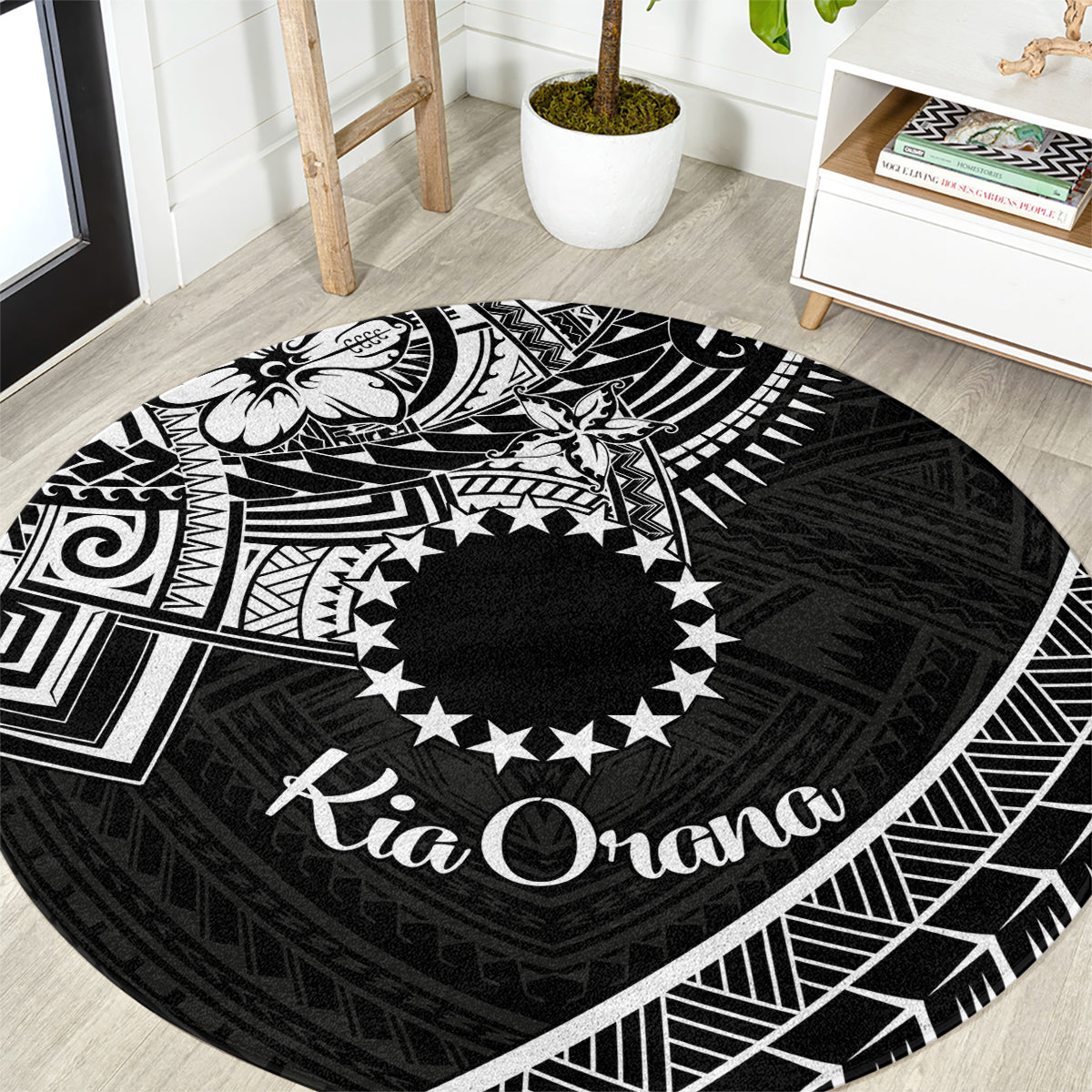 Kia Orana Cook Islands Round Carpet Circle Stars With Floral White Pattern LT01 Black - Polynesian Pride