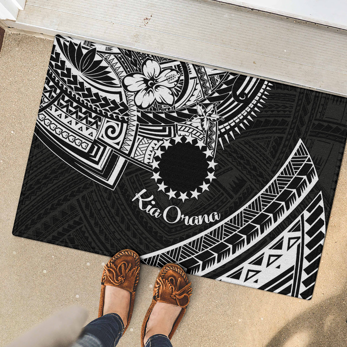 Kia Orana Cook Islands Rubber Doormat Circle Stars With Floral White Pattern LT01 - Polynesian Pride