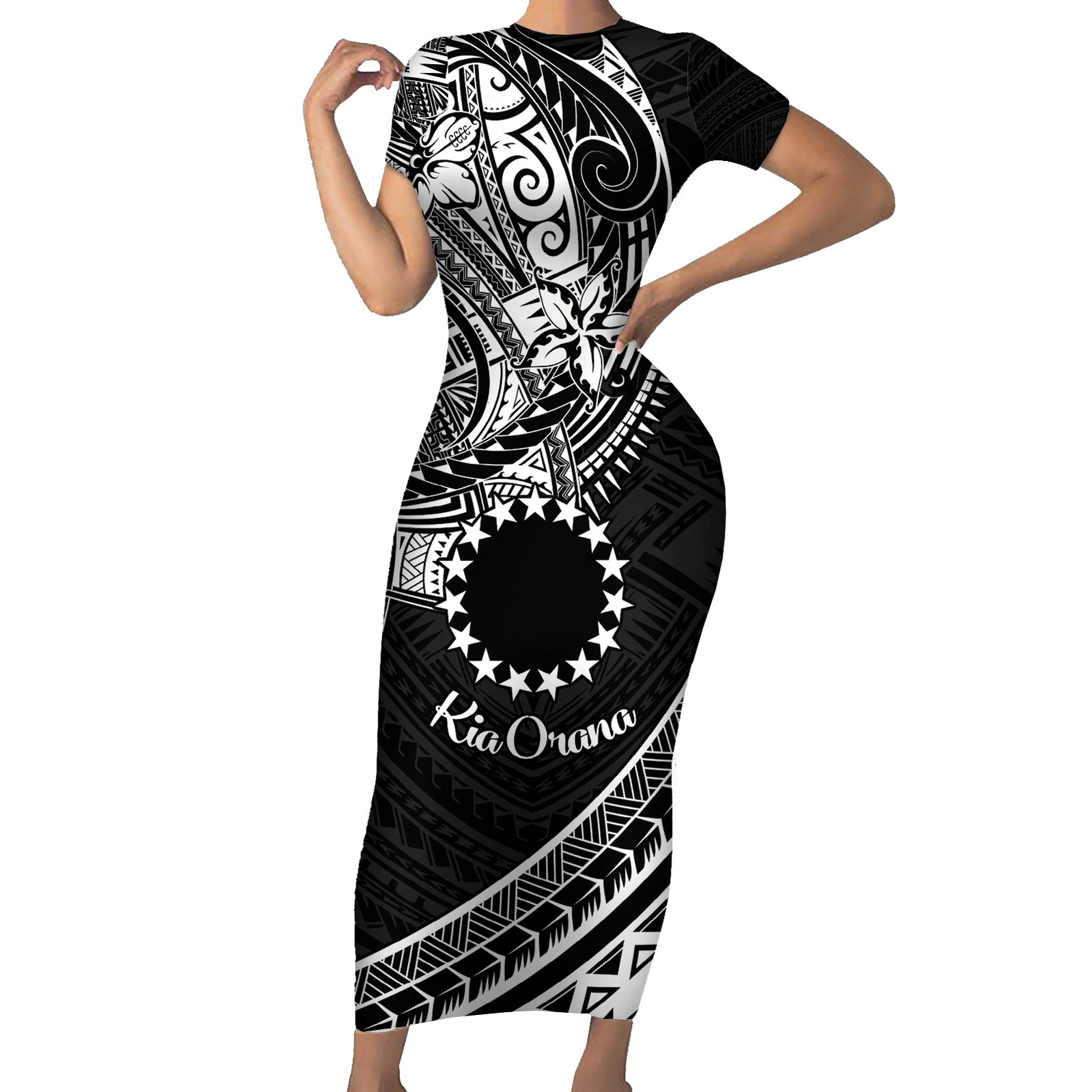 Kia Orana Cook Islands Short Sleeve Bodycon Dress Circle Stars With Floral White Pattern LT01 Long Dress Black - Polynesian Pride