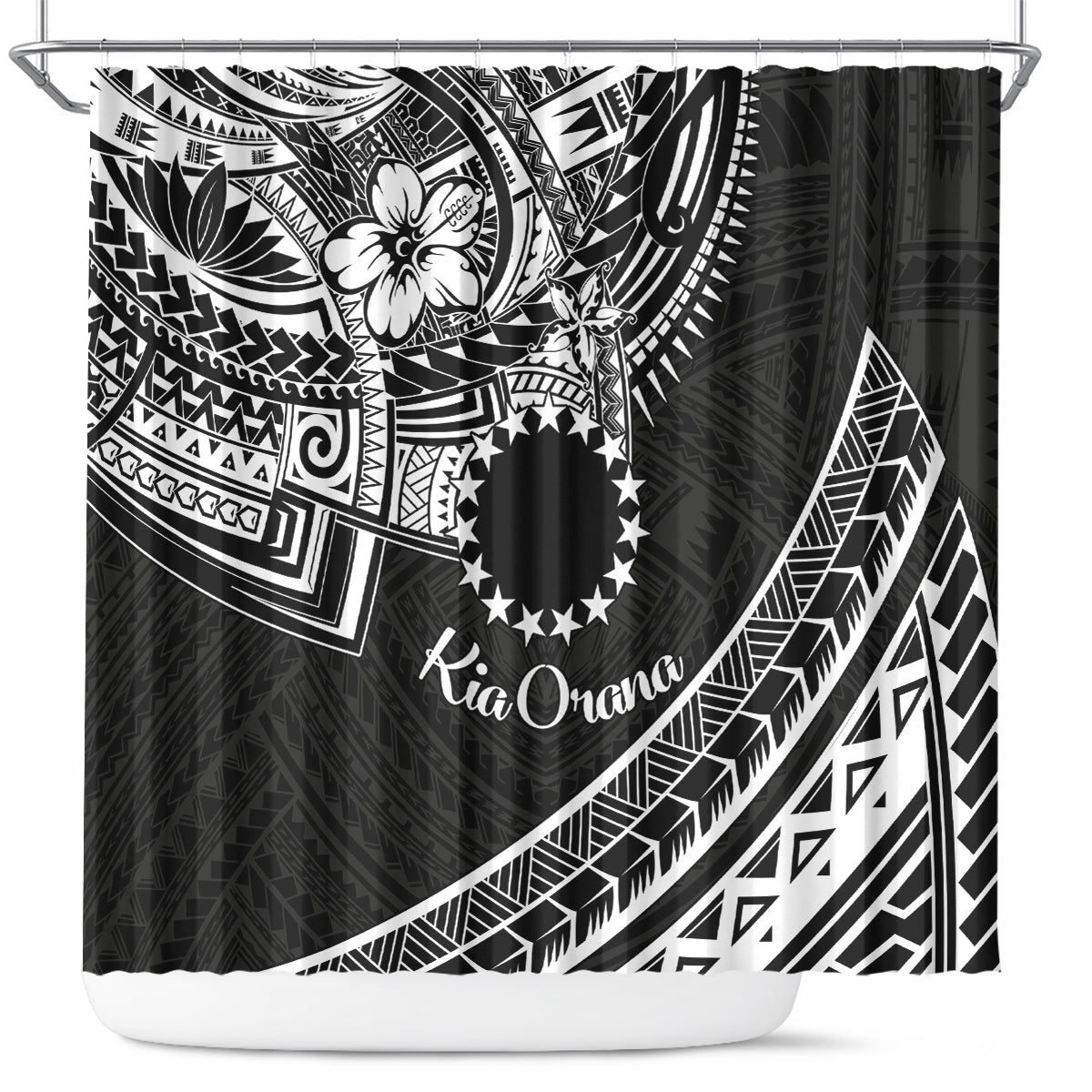 Kia Orana Cook Islands Shower Curtain Circle Stars With Floral White Pattern LT01 Black - Polynesian Pride