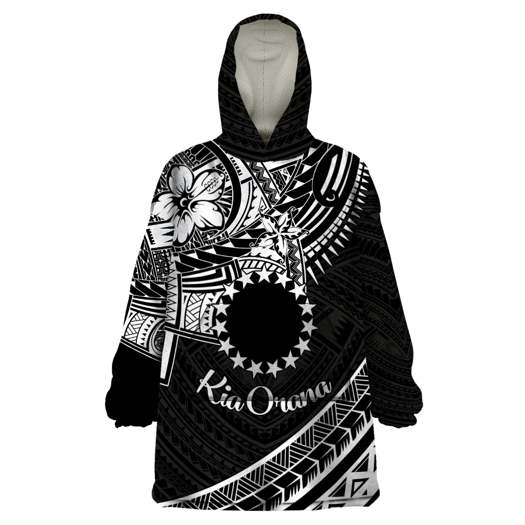 Kia Orana Cook Islands Wearable Blanket Hoodie Circle Stars With Floral White Pattern LT01 One Size Black - Polynesian Pride