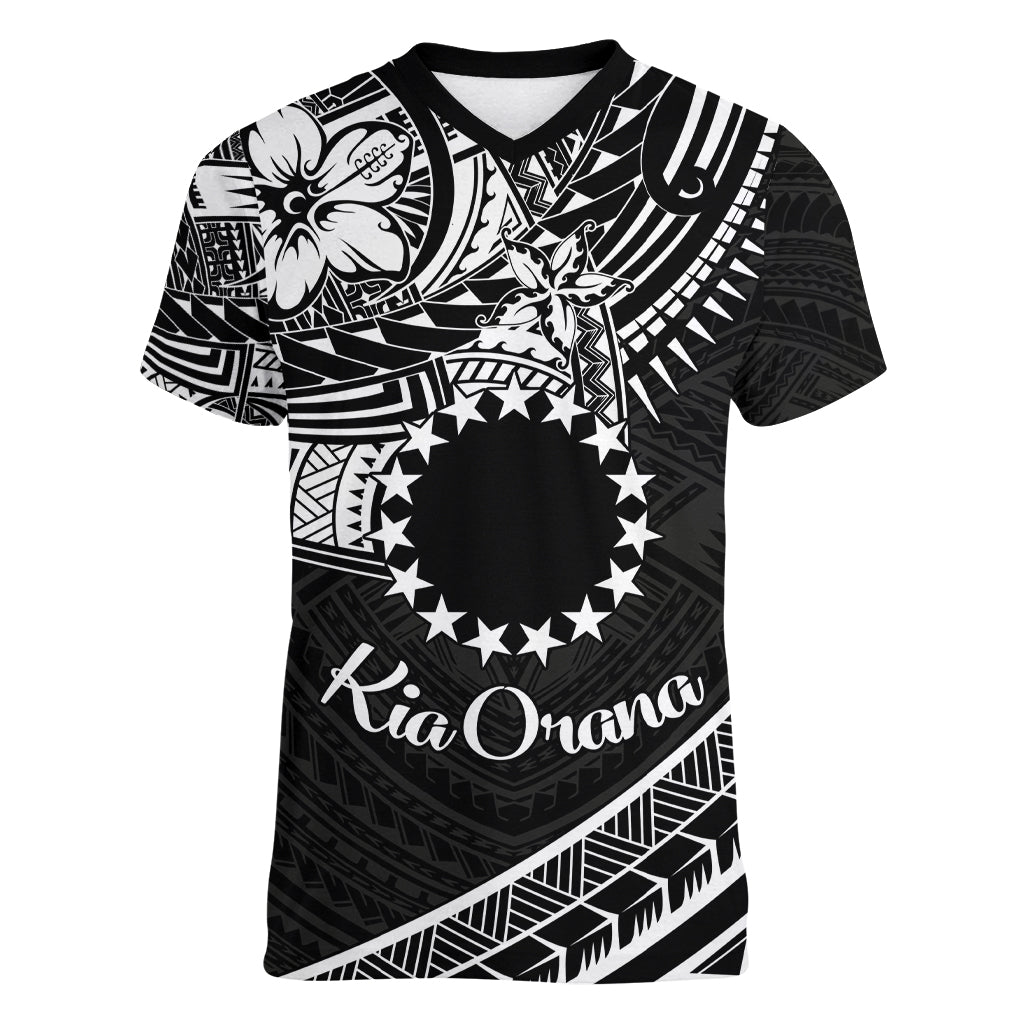 Kia Orana Cook Islands Women V Neck T Shirt Circle Stars With Floral White Pattern LT01 Female Black - Polynesian Pride