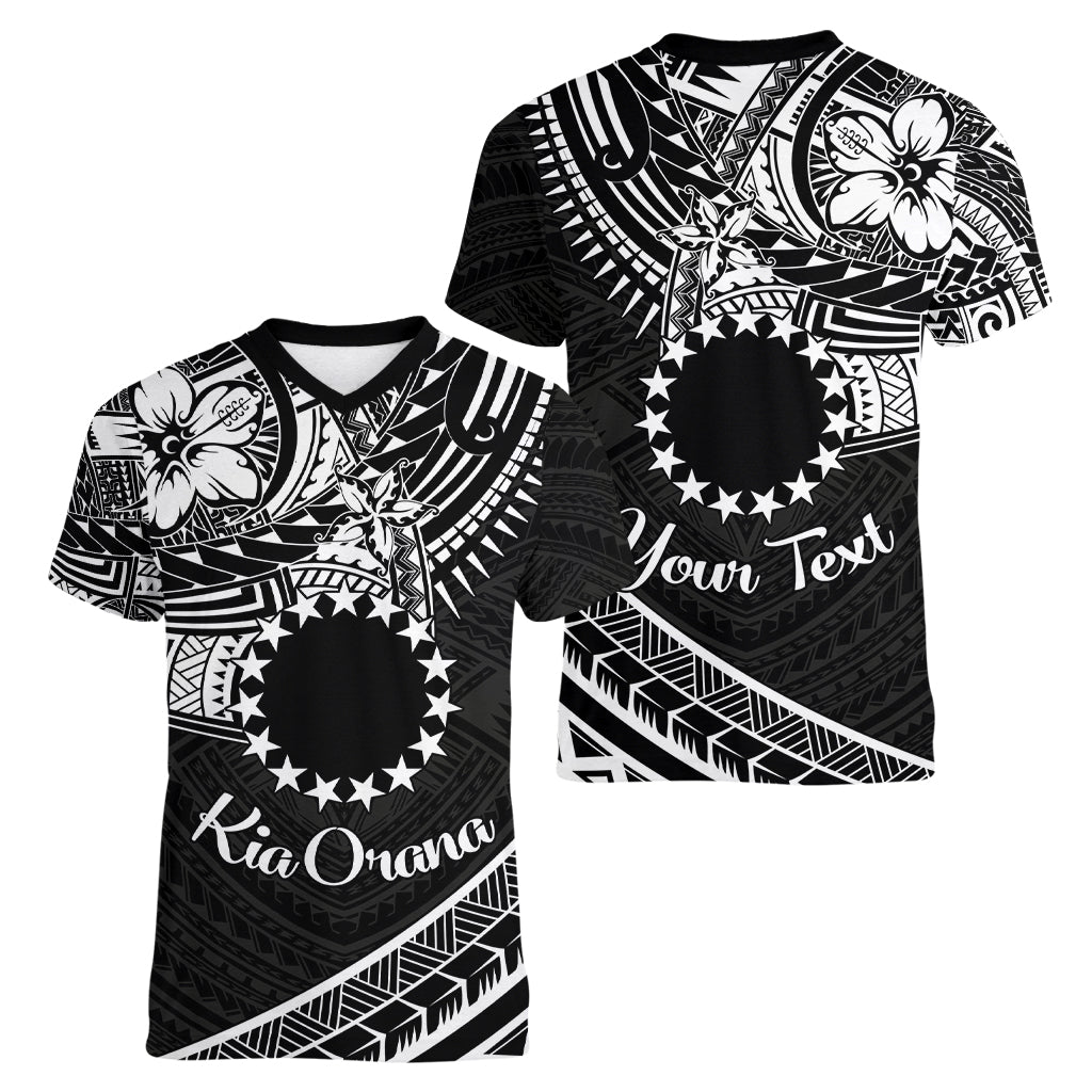 Kia Orana Cook Islands Women V Neck T Shirt Circle Stars With Floral White Pattern LT01 - Polynesian Pride