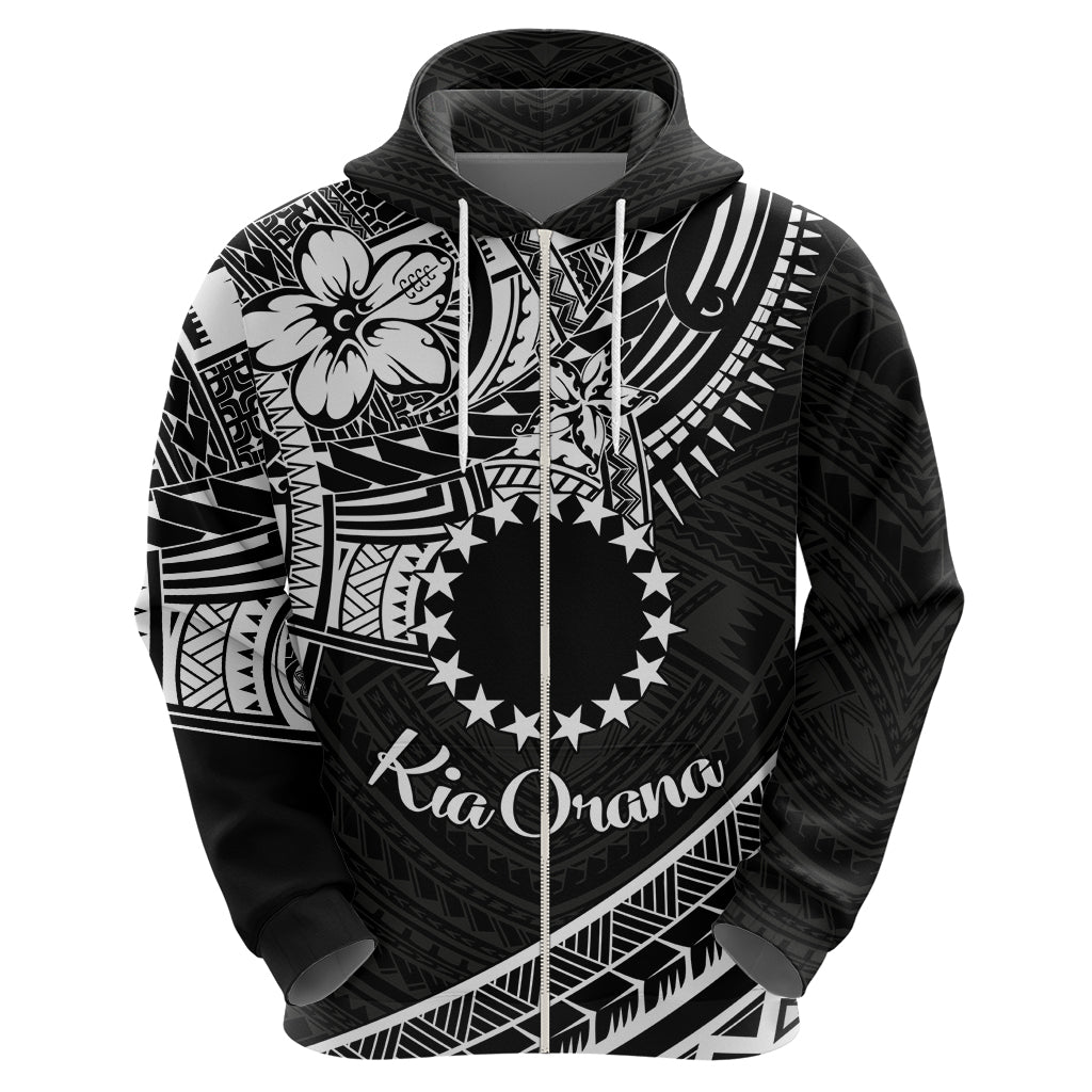 Kia Orana Cook Islands Zip Hoodie Circle Stars With Floral White Pattern LT01 - Polynesian Pride