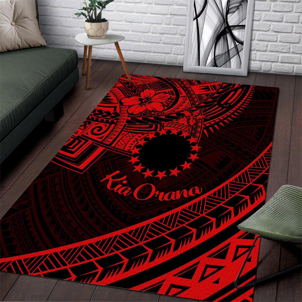 Kia Orana Cook Islands Area Rug Circle Stars With Floral Red Pattern LT01 Red - Polynesian Pride