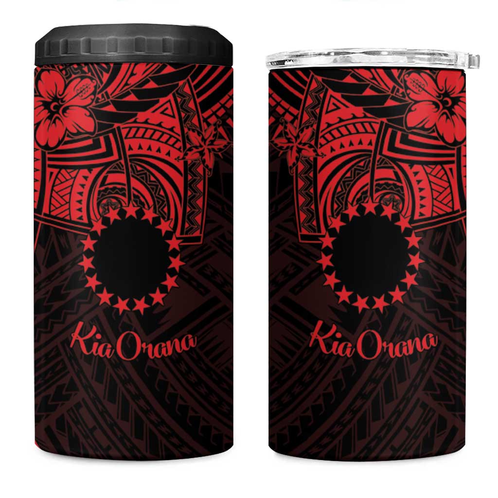Kia Orana Cook Islands 4 in 1 Can Cooler Tumbler Circle Stars With Floral Red Pattern