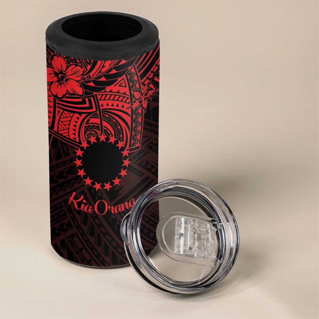 Kia Orana Cook Islands 4 in 1 Can Cooler Tumbler Circle Stars With Floral Red Pattern