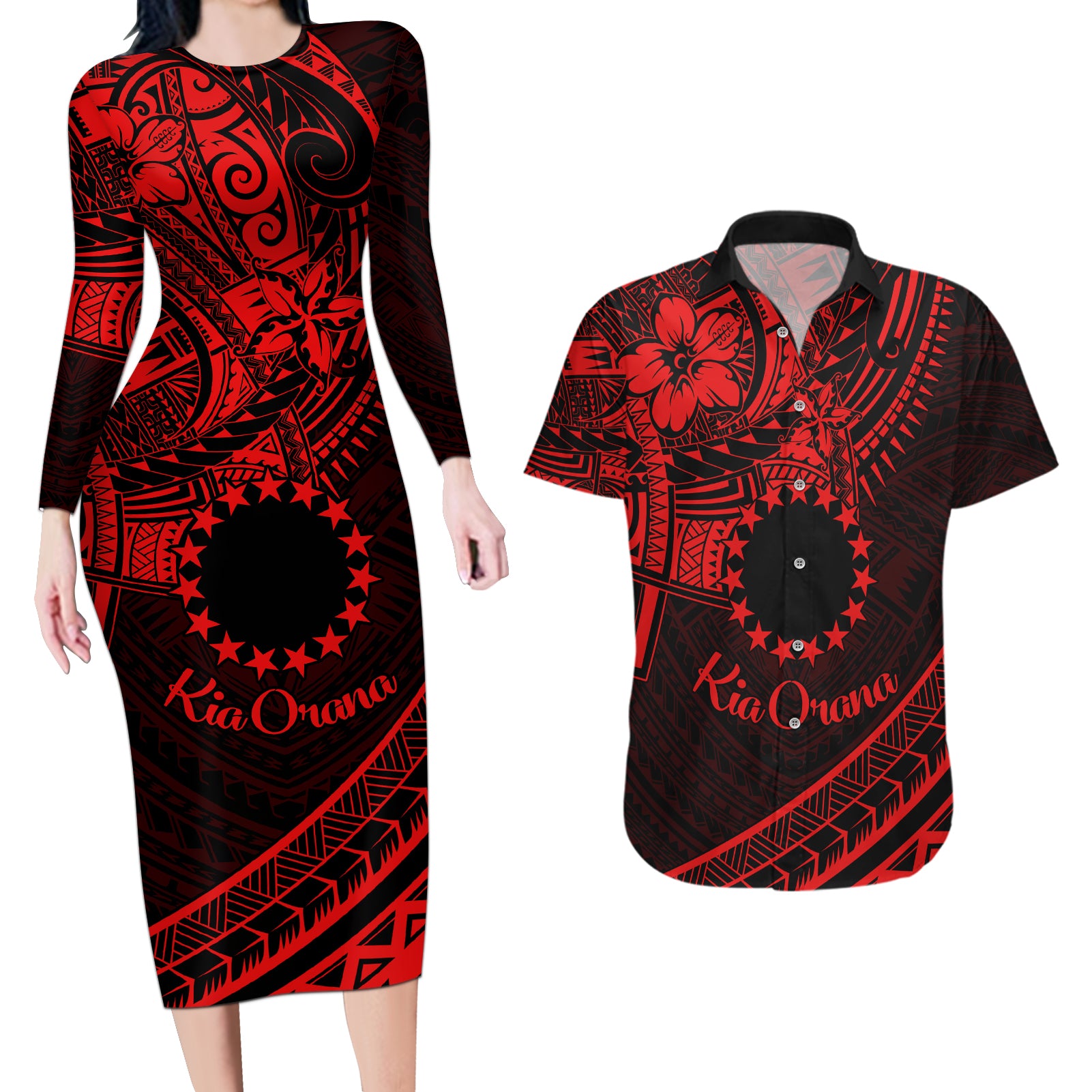 Kia Orana Cook Islands Couples Matching Long Sleeve Bodycon Dress and Hawaiian Shirt Circle Stars With Floral Red Pattern LT01 Red - Polynesian Pride