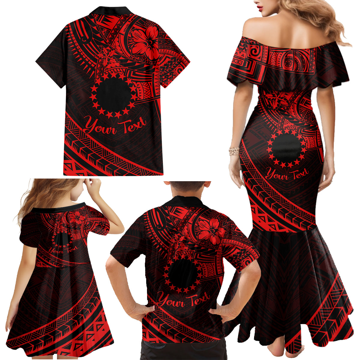 Kia Orana Cook Islands Family Matching Mermaid Dress and Hawaiian Shirt Circle Stars With Floral Red Pattern LT01 - Polynesian Pride